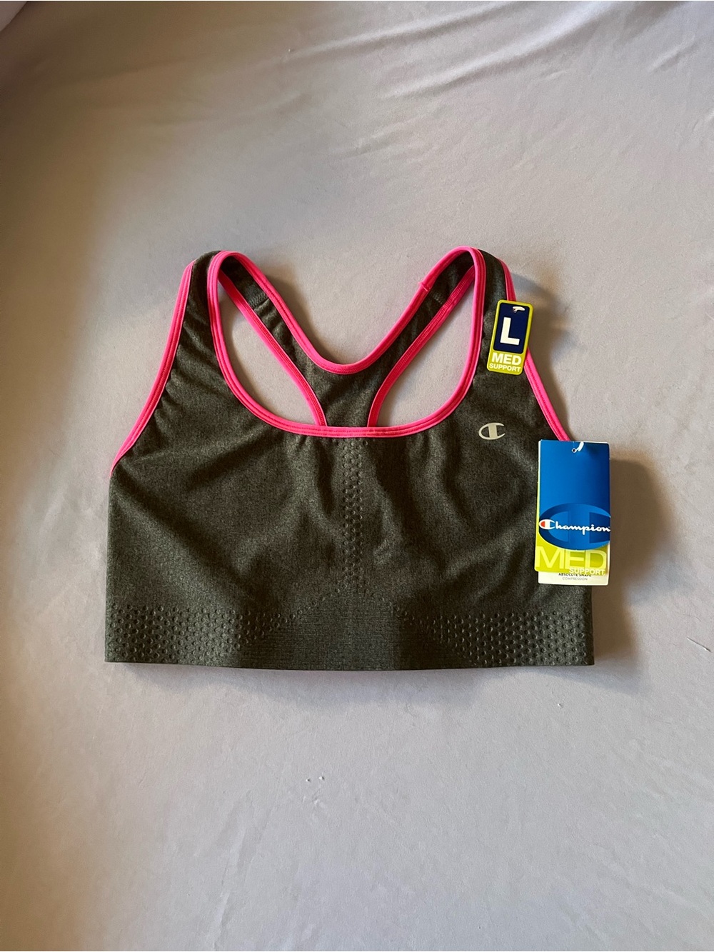 Champion Absolute Shape Compression Sports Bra Gray/Bright Pink Size L NWT